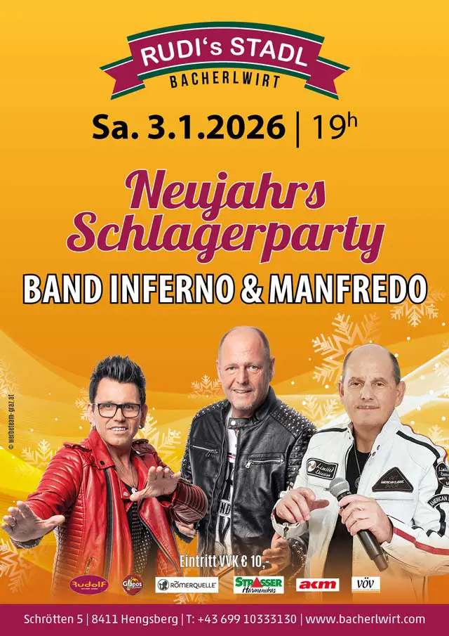 Neujahrs-Schlagerparty mit Inferno und Manfredo im Bacherlwirt Hengsberg
